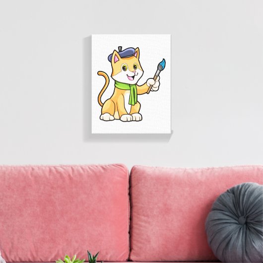 Kat als schilder met penseel en karf canvas afdruk (Insitu (Woonkamer))