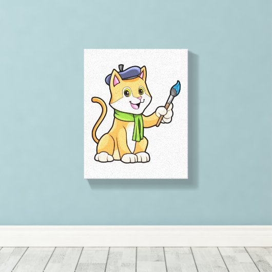 Kat als schilder met penseel en karf canvas afdruk (Insitu (Houten vloer))