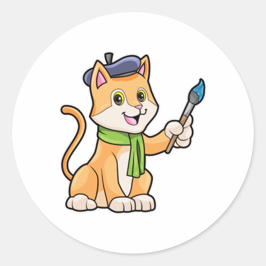 Kat als schilder met penseel en karf ronde sticker (Voorkant)