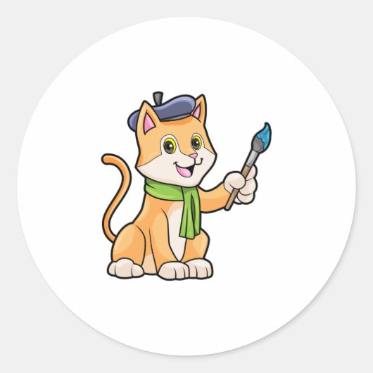 Kat als schilder met penseel en karf ronde sticker (Voorkant)