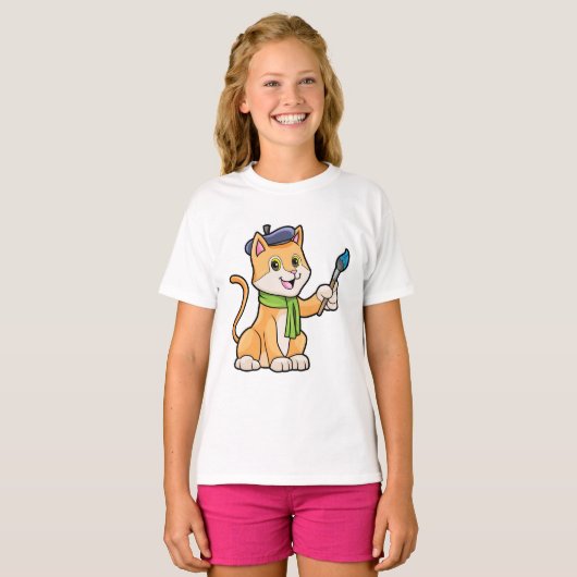 Kat als schilder met penseel en karf t-shirt (Voorkant volledig)