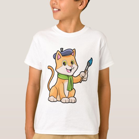 Kat als schilder met penseel en karf t-shirt (Voorkant)