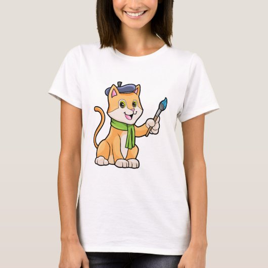 Kat als schilder met penseel en karf t-shirt (Voorkant)