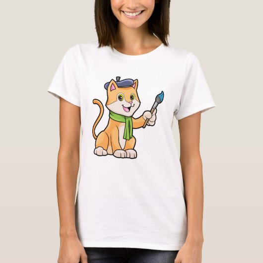 Kat als schilder met penseel en karf t-shirt (Voorkant)