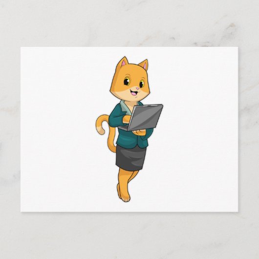 Kat als secretaresse met laptop briefkaart (Voorkant)