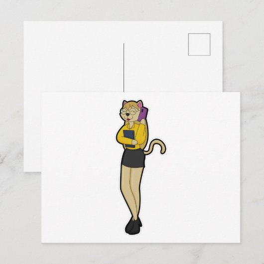 Kat als secretaresse met laptop en mobiele telefoo briefkaart (Voorkant / Achterkant)