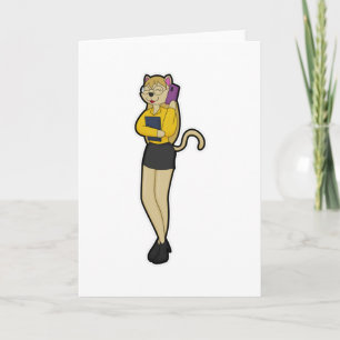 Kat als secretaresse met laptop en mobiele telefoo kaart