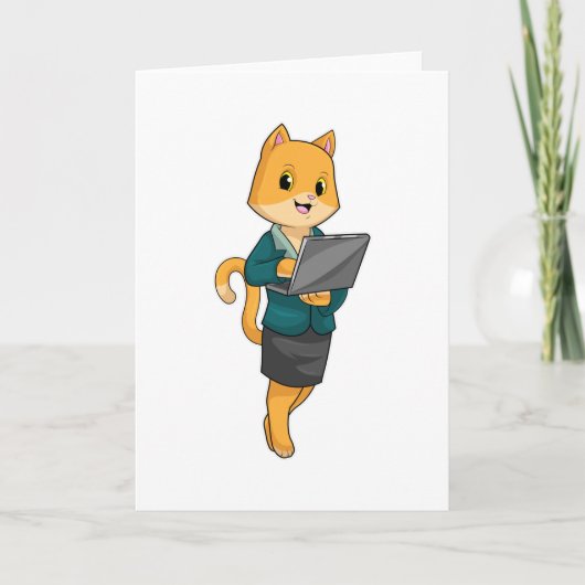 Kat als secretaresse met laptop kaart (Voorkant)