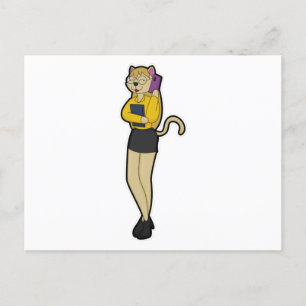 Kat als secretaris met laptop en mobiele telefoon briefkaart