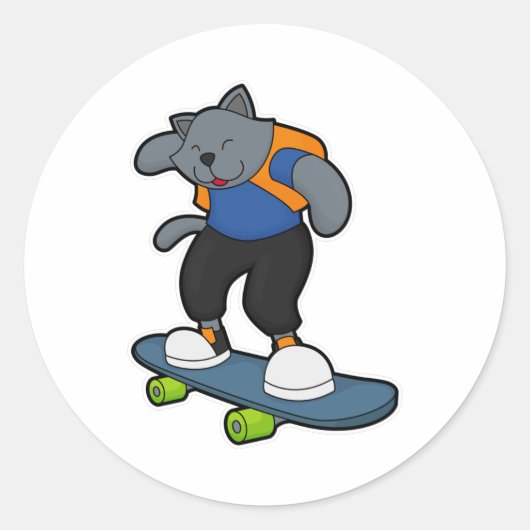 Kat als Skateboarder met Skateboard Ronde Sticker (Voorkant)
