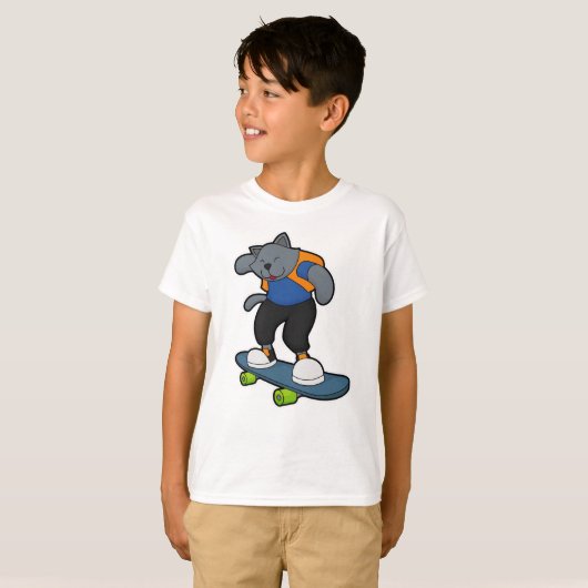 Kat als Skateboarder met Skateboard T-shirt (Voorkant volledig)
