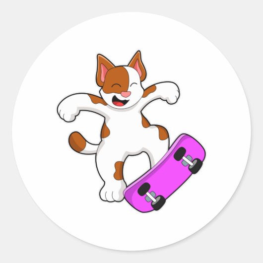 Kat als Skater met skateboard Ronde Sticker (Voorkant)
