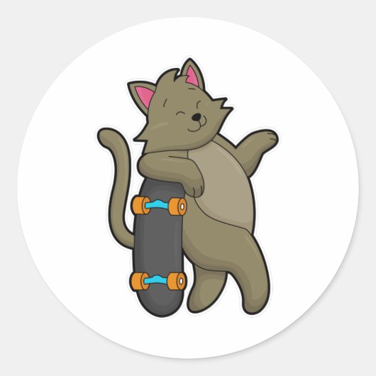 Kat als Skater met skateboard Ronde Sticker (Voorkant)