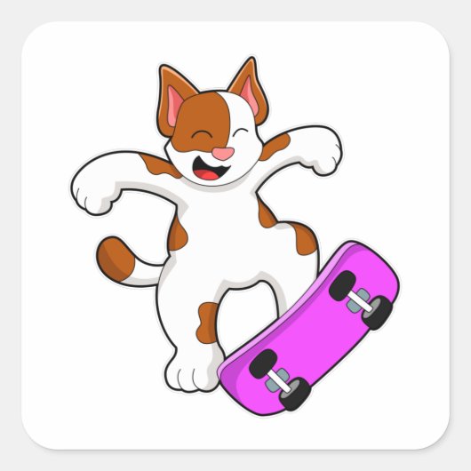 Kat als Skater met skateboard Vierkante Sticker (Voorkant)