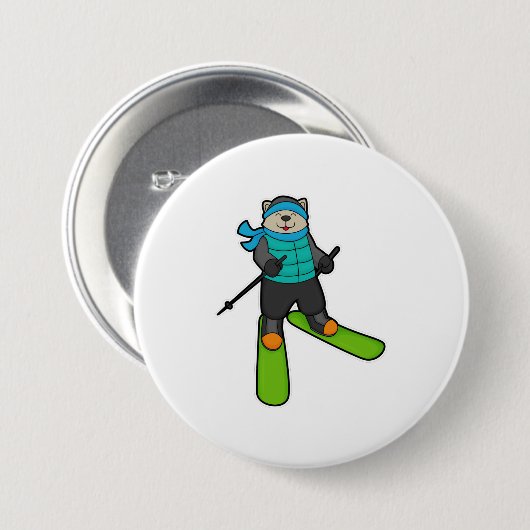 Kat als Skier met skiën Ronde Button 7,6 Cm (Voorkant /achterkant)