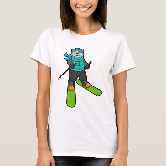 Kat als Skier met skiën T-shirt (Voorkant)