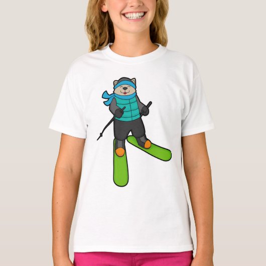 Kat als Skier met skiën T-shirt (Voorkant)