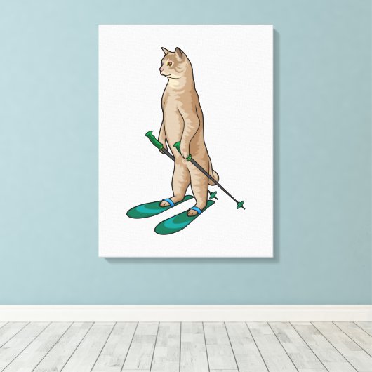 Kat als Skier met skipolen en skipolen Canvas Afdruk (Insitu (Houten vloer))