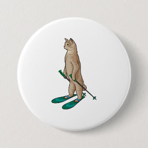 Kat als Skier met skipolen en skipolen Ronde Button 7,6 Cm