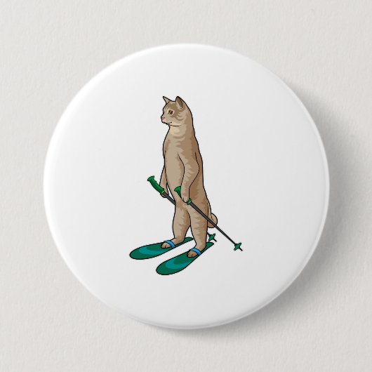 Kat als Skier met skipolen en skipolen Ronde Button 7,6 Cm (Voorkant)