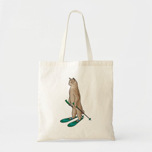 Kat als Skier met skipolen en skipolen Tote Bag (Voorkant)