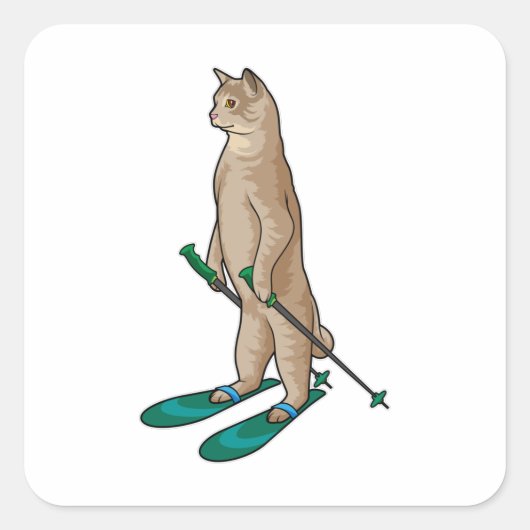 Kat als Skier met skipolen en skipolen Vierkante Sticker (Voorkant)