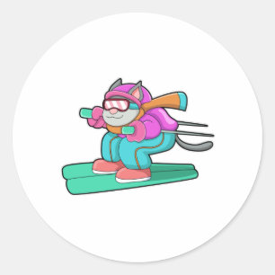 Kat als skijumper met skibrillen en skibrillen ronde sticker