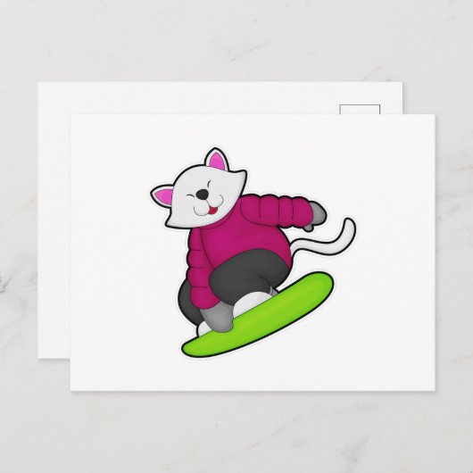 Kat als snowboarder met snowboard briefkaart (Voorkant / Achterkant)