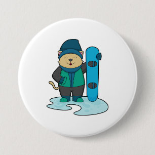 Kat als Snowboarder met Snowboard Ronde Button 7,6 Cm