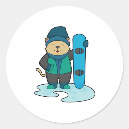 Kat als Snowboarder met Snowboard Ronde Sticker (Voorkant)