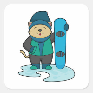 Kat als Snowboarder met Snowboard Vierkante Sticker