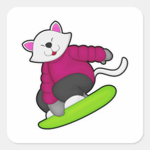 Kat als Snowboarder met Snowboard Vierkante Sticker
