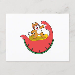 Kat als surfer met watermeloen briefkaart