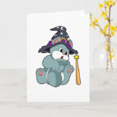 Kat als tovenaar met toverstaf en hoed kaart (Gele Bloem)