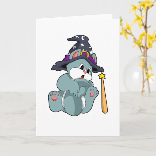 Kat als tovenaar met toverstaf en hoed kaart (Gele Bloem)