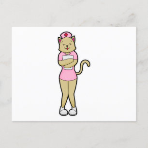 Kat als verpleegster met medische lijst briefkaart