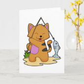 Kat als visser met hengel & vis kaart (Gele Bloem)