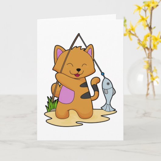 Kat als visser met hengel & vis kaart (Gele Bloem)