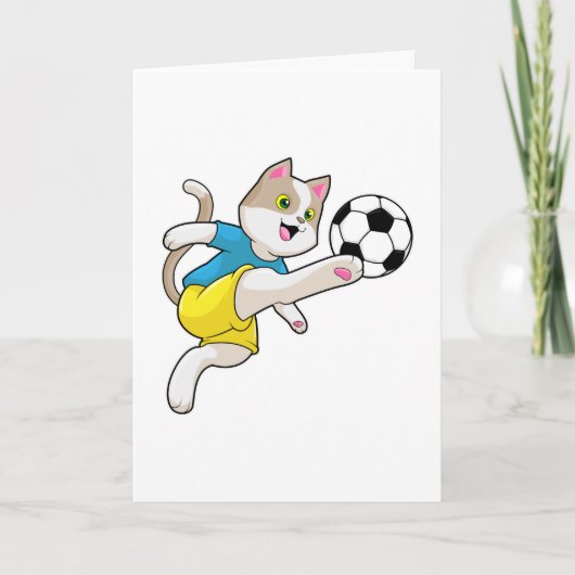 Kat als voetballer met voetbal kaart (Voorkant)