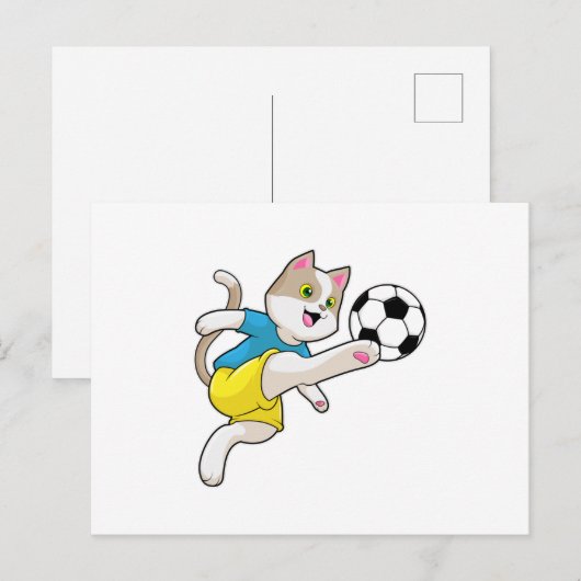 Kat als Voetbalspeler met Voetbal Briefkaart (Voorkant / Achterkant)
