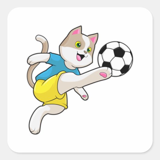 Kat als Voetbalspeler met Voetbal Vierkante Sticker (Voorkant)