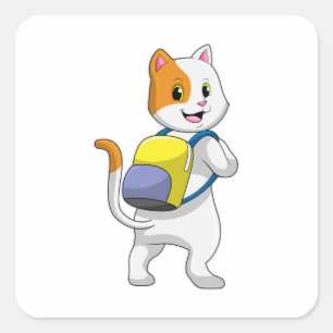 Kat als wandelaar met rugzak vierkante sticker