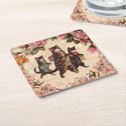 Kat   Antiek Kittens Kartonnen Onderzetters (Schuin)