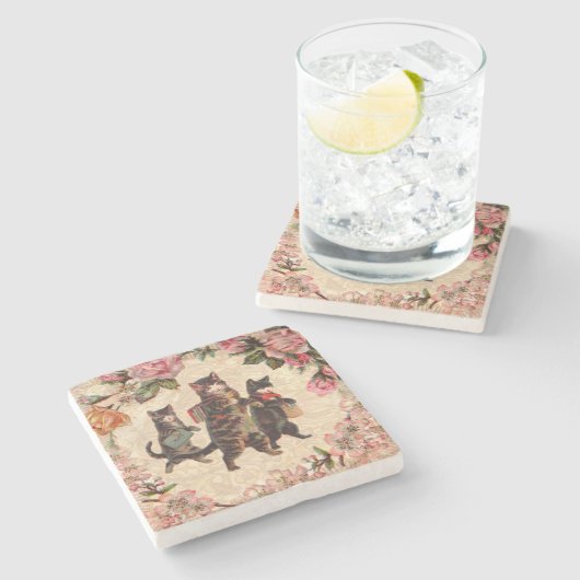 Kat   Antiek Kittens Stenen Onderzetter (Zijkant)