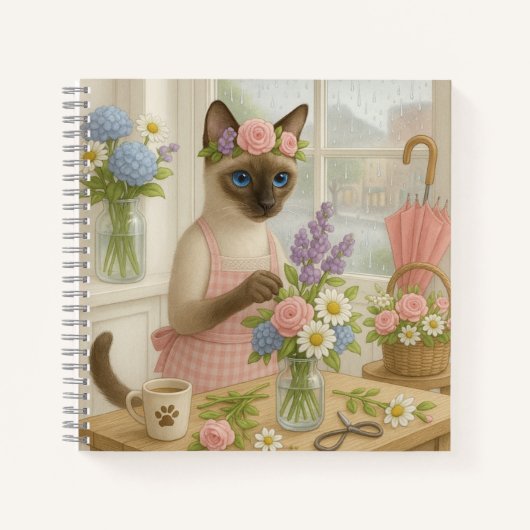 Kat arrangeert bloem in bloemist notitieboek (Voorkant)