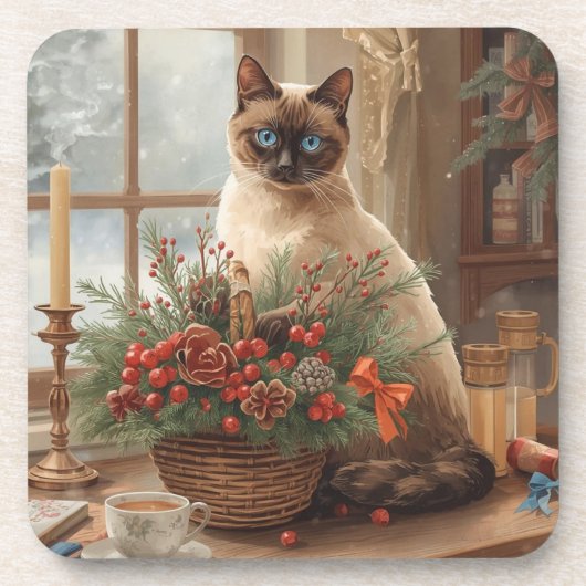 Kat arrangeert Kerstbloemen Bier Onderzetter (Voorkant)