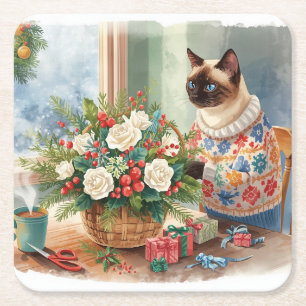 Kat arrangeert Kerstbloemen Kartonnen Onderzetters