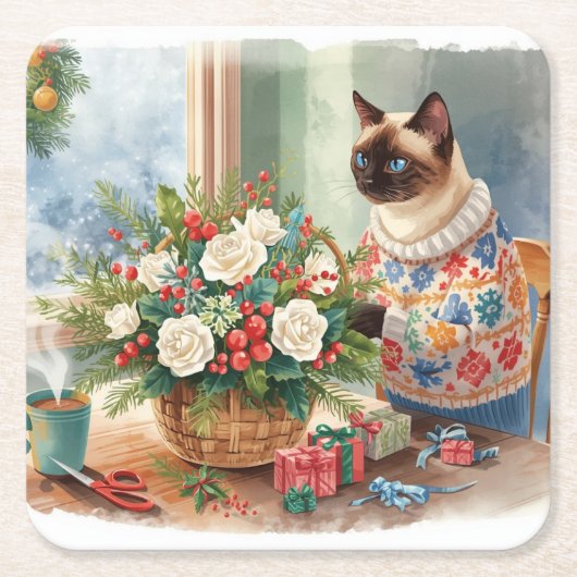 Kat arrangeert Kerstbloemen Kartonnen Onderzetters (Voorkant)
