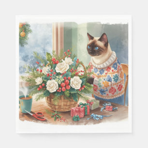 Kat arrangeert Kerstbloemen Servet