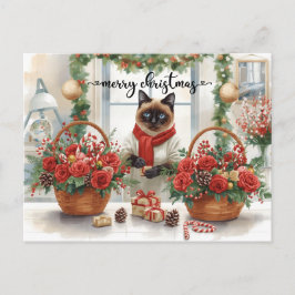 Kat arrangeert Winterbloemen voor Kerstvakantie Feestdagenkaart